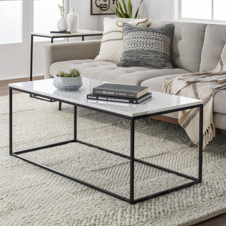 Rectangular White Marble Top Coffee Table with Black Iron Frame