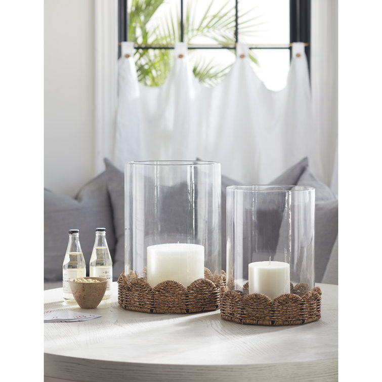 Scalloped Rattan Base 14.5'' Glass Hurricane for Outdoors
