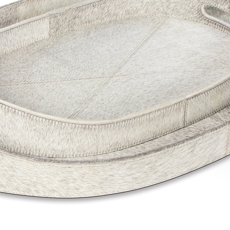 Andres Pale Gray Oval Leather Serving Tray Set