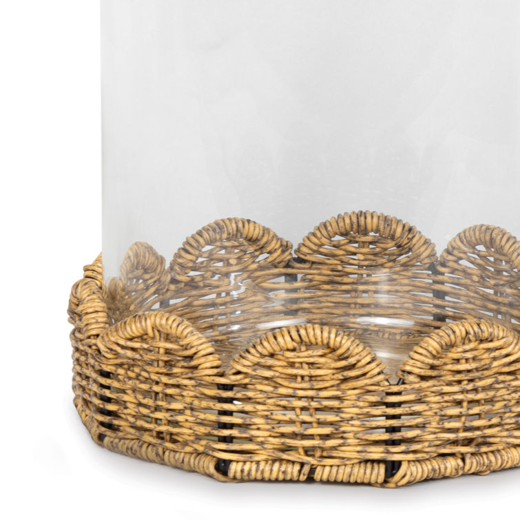 Scalloped Rattan Base 14.5'' Glass Hurricane for Outdoors