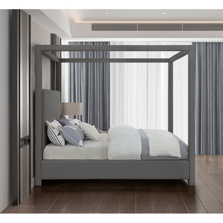 Gray Linen Upholstered King Canopy Bed with Eucalyptus Wood Frame