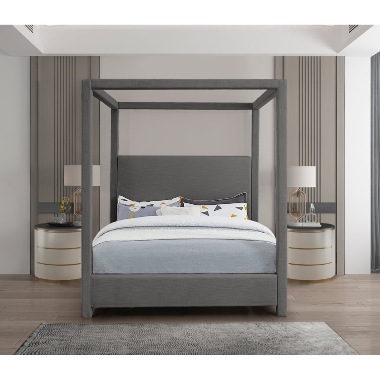 Gray Linen Upholstered King Canopy Bed with Eucalyptus Wood Frame