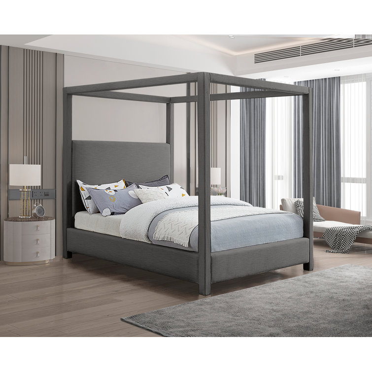 Gray Linen Upholstered King Canopy Bed with Eucalyptus Wood Frame