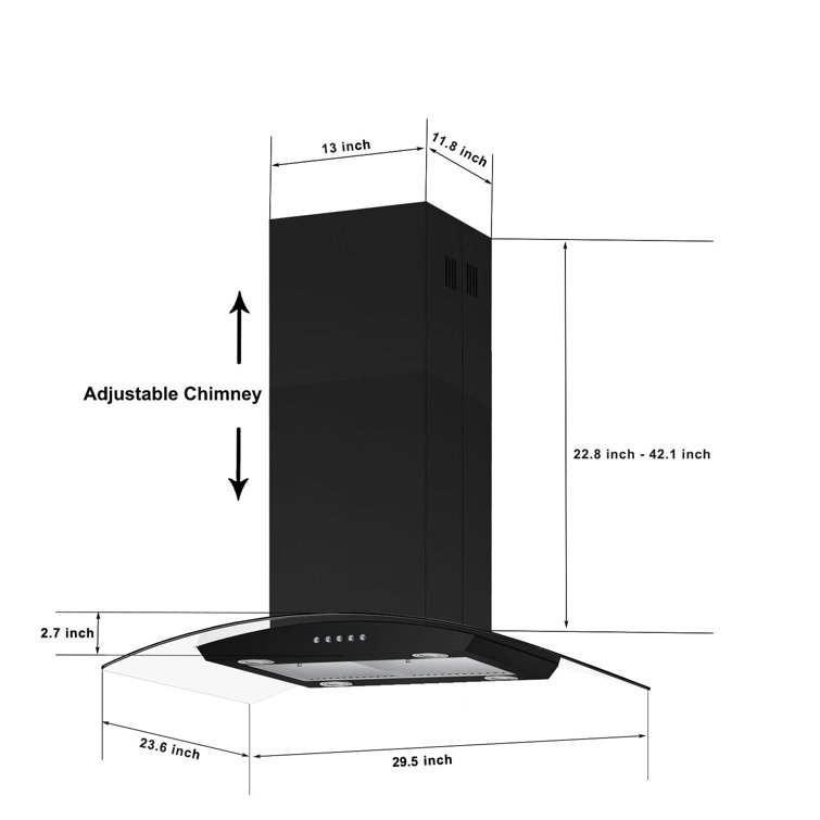 30'' Black Stainless Steel Convertible Island Range Hood with Mesh Filter