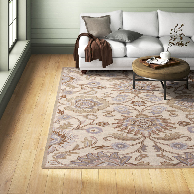 Handmade Blue and Beige Floral Wool Rectangular Rug 10' x 14'
