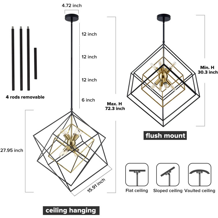72'' Adjustable Black and Gold Geometric Metal Chandelier