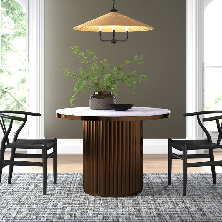 Ione 42" White Marble Top Round Dining Table with Gold Base