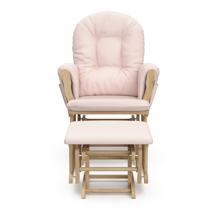 Natural Wood Nursery Glider and Ottoman with Pink Cushions