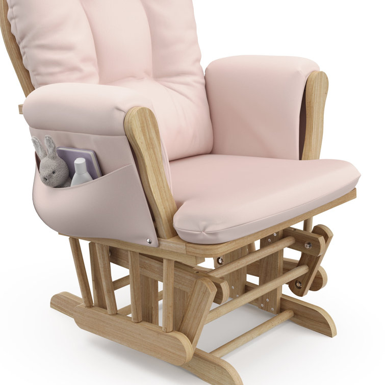 Natural Wood Nursery Glider and Ottoman with Pink Cushions
