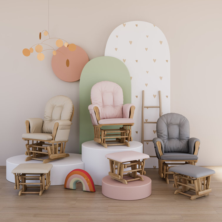 Natural Wood Nursery Glider and Ottoman with Pink Cushions