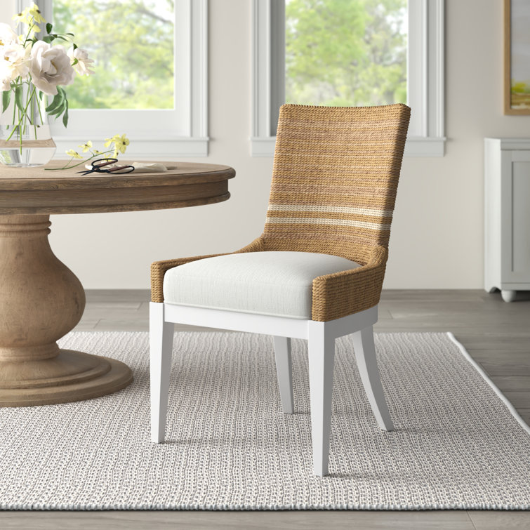White Upholstered Side Chair with Rattan Back and Wood Legs