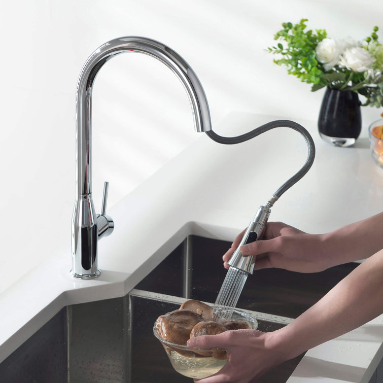 Chrome Single Handle Pull-Out Spray Kitchen Faucet with Soap Dispenser