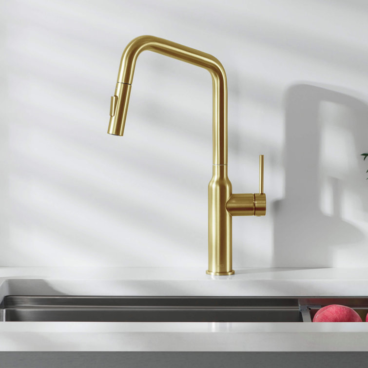 Brushed Gold Brass Pull Down Kitchen Faucet with Pull-out Spray