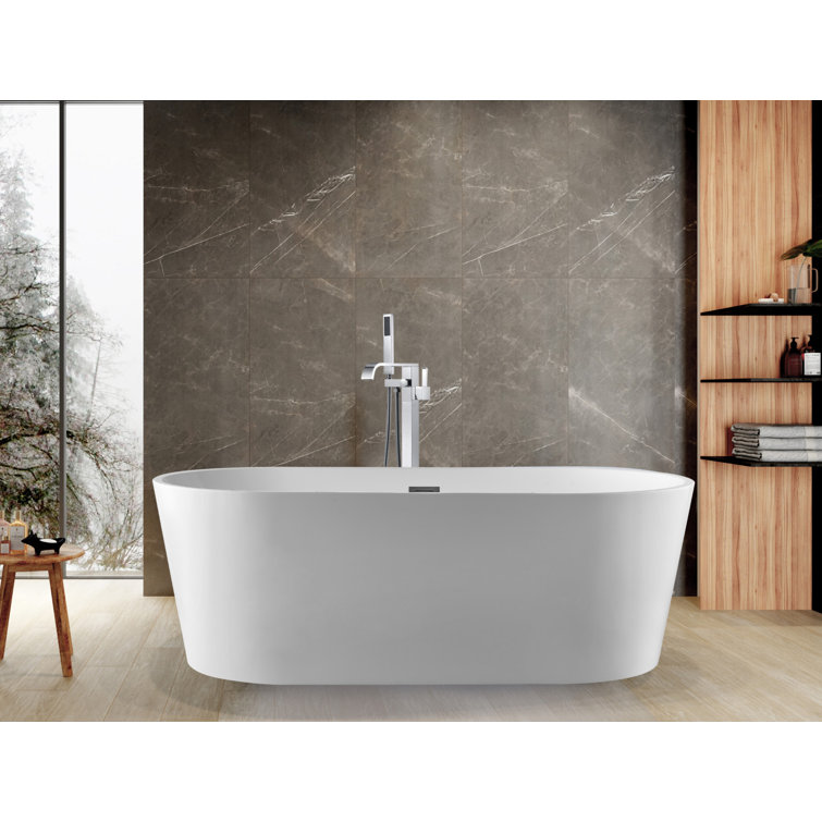 Glossy White 59-Inch Acrylic Freestanding Oval Tub with Drain