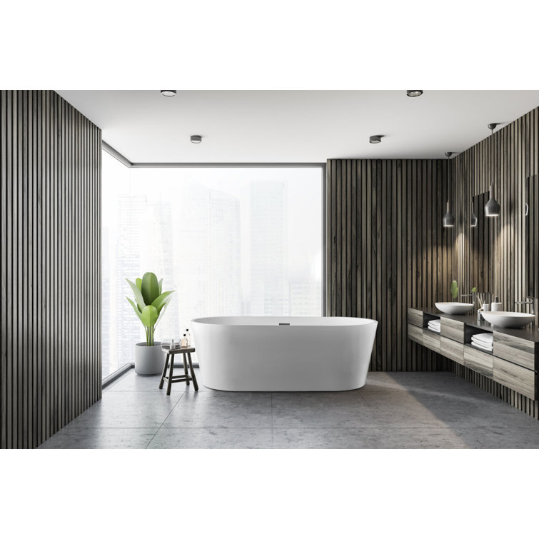 Glossy White 59-Inch Acrylic Freestanding Oval Tub with Drain