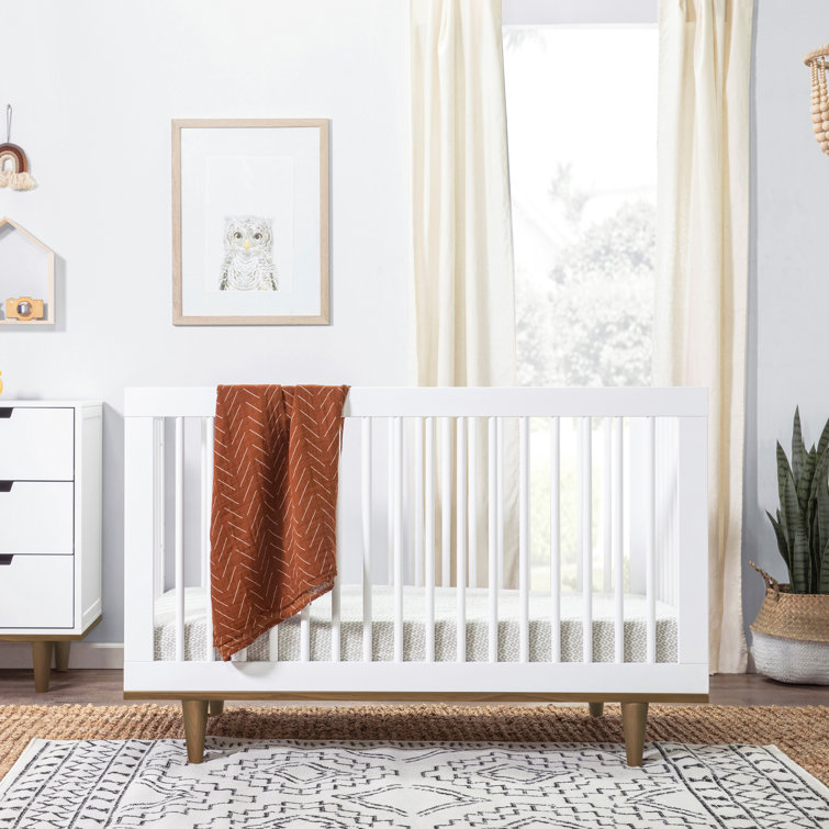 White and Walnut Mid-Century Modern Convertible Crib