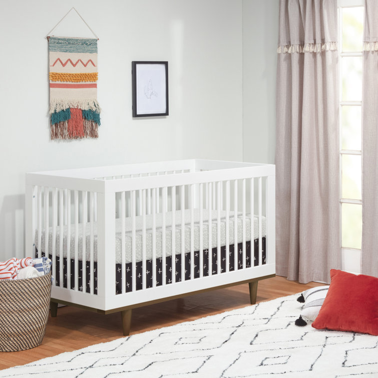 White and Walnut Mid-Century Modern Convertible Crib