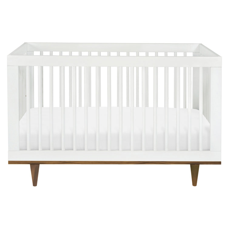 White and Walnut Mid-Century Modern Convertible Crib