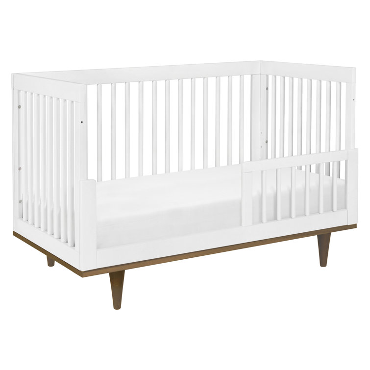 White and Walnut Mid-Century Modern Convertible Crib