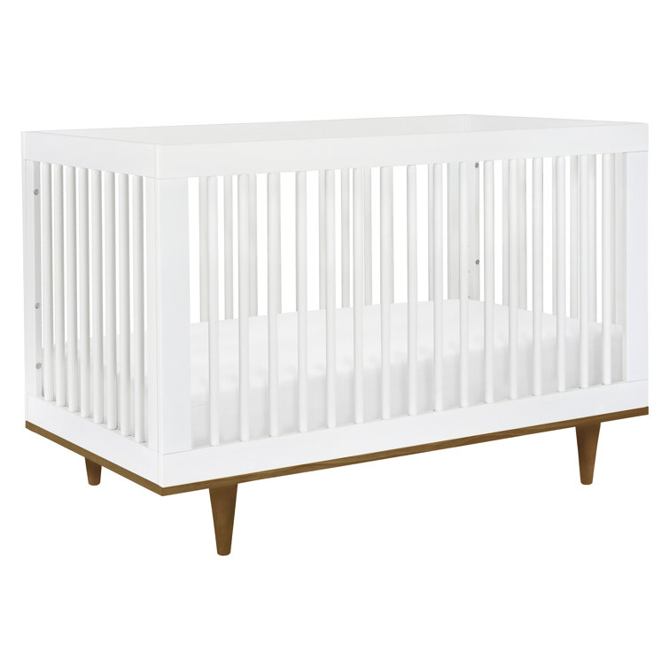 White and Walnut Mid-Century Modern Convertible Crib