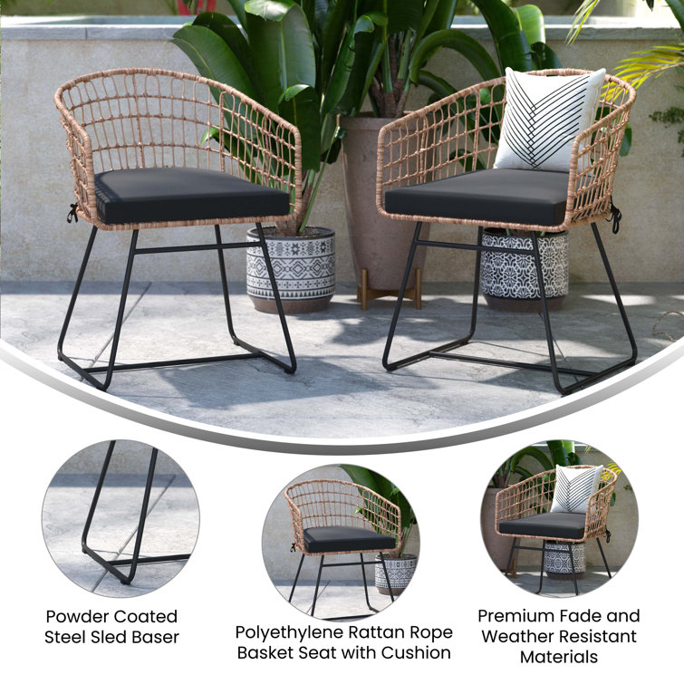 Natural Rattan Rope Patio Chair with Black Cushions