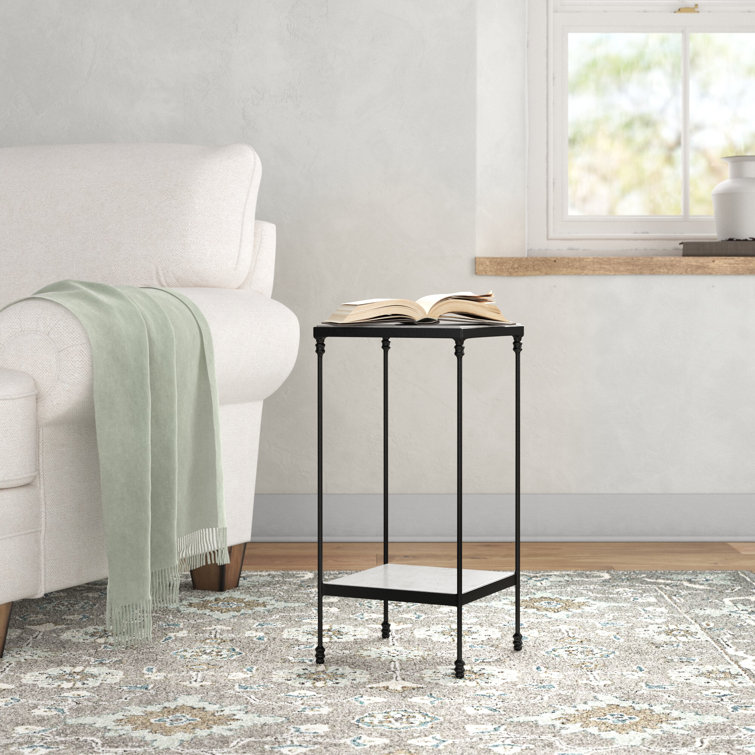 White Marble and Black Metal Square End Table with Shelf