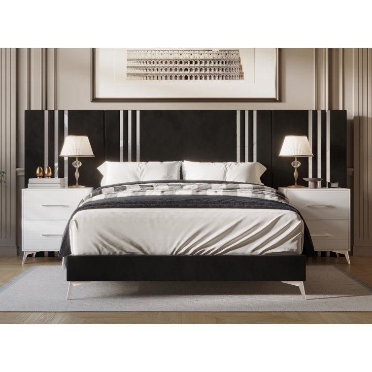 Black Velvet Upholstered Queen Bed with Wood Frame