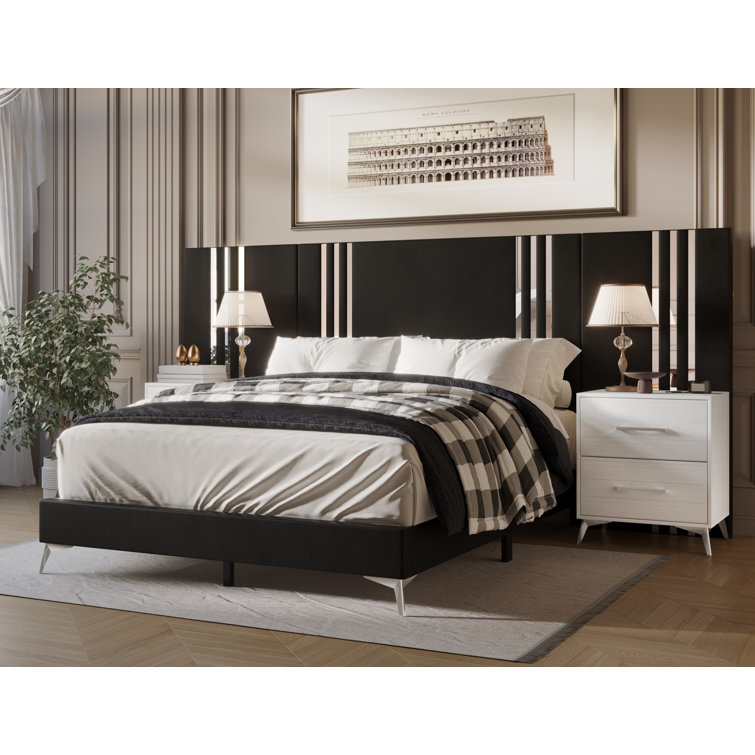 Black Velvet Upholstered Queen Bed with Wood Frame