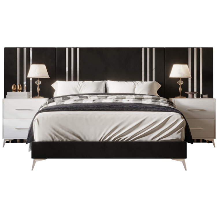 Black Velvet Upholstered Queen Bed with Wood Frame