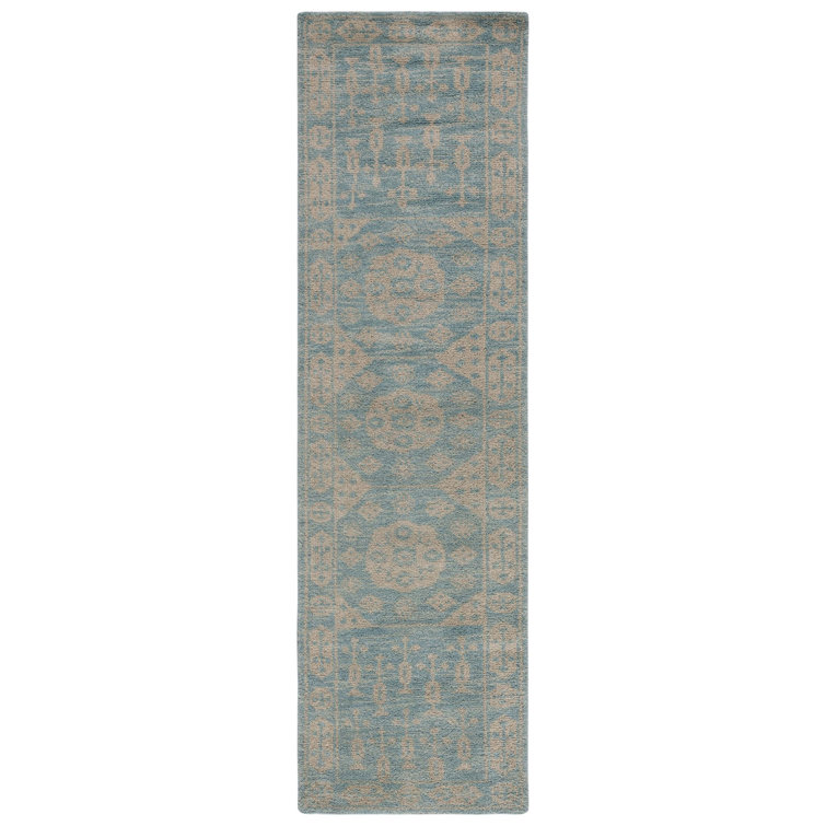 Kenya Hand-Knotted Blue Wool Geometric Runner Rug