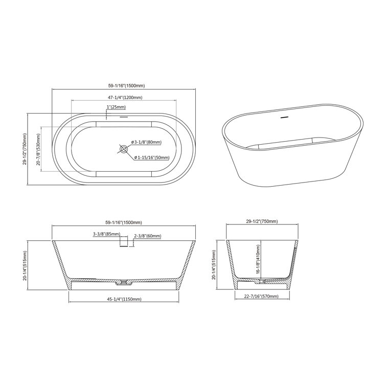 60'' White Acrylic Freestanding Modern Bathtub