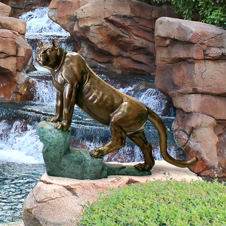 Majestic Bronze Cougar on Emerald Patina Rock Garden Statue