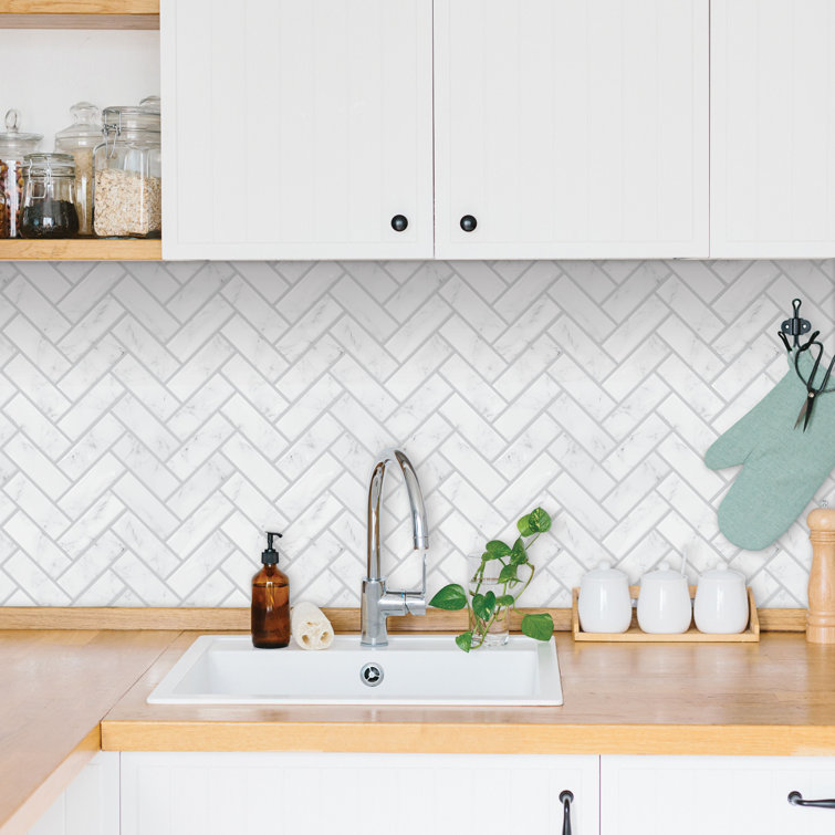 White Marble Herringbone Peel and Stick Vinyl Tile
