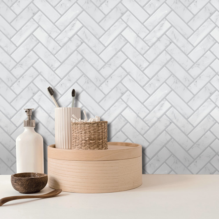 White Marble Herringbone Peel and Stick Vinyl Tile
