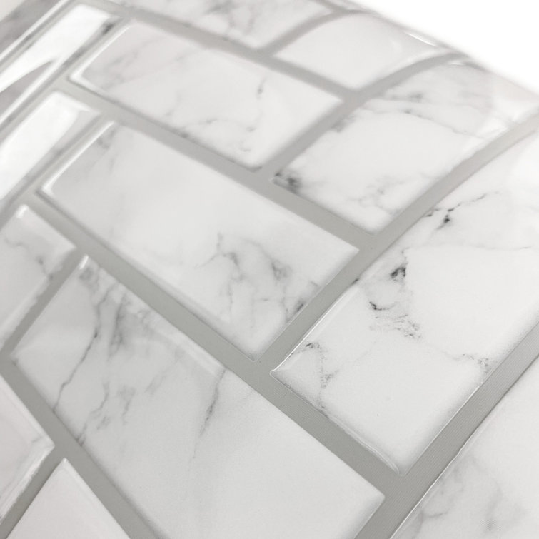 White Marble Herringbone Peel and Stick Vinyl Tile