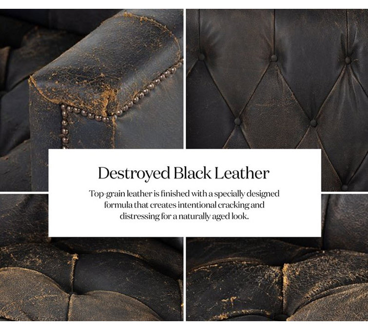 Black Leather Tufted Chesterfield Sofa with Nailhead Trim