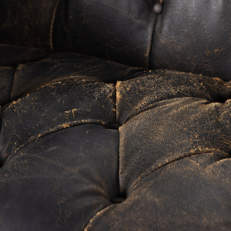 Black Leather Tufted Chesterfield Sofa with Nailhead Trim