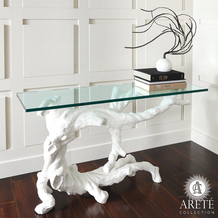 Twisted Juniper Matte White Cast Aluminum Console with Tempered Glass Top