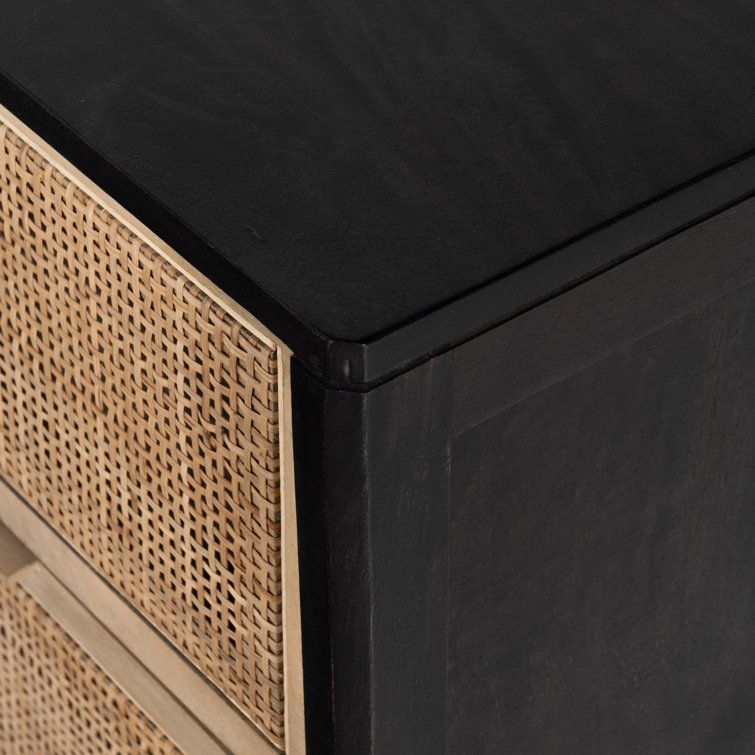 Black Wash Double Mid-Century 6-Drawer Dresser with Cane Detail