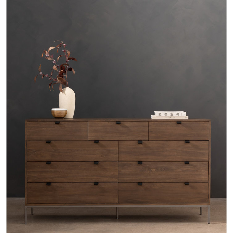 Auburn Poplar 70'' Mid-Century Double Dresser with Leather Pulls