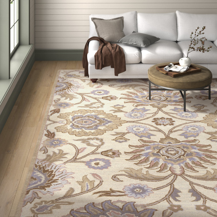 Phoebe Blue and Cream Floral Handmade Wool Rug
