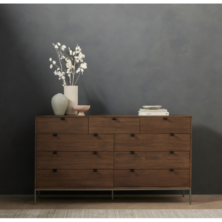 Auburn Poplar 70'' Mid-Century Double Dresser with Leather Pulls