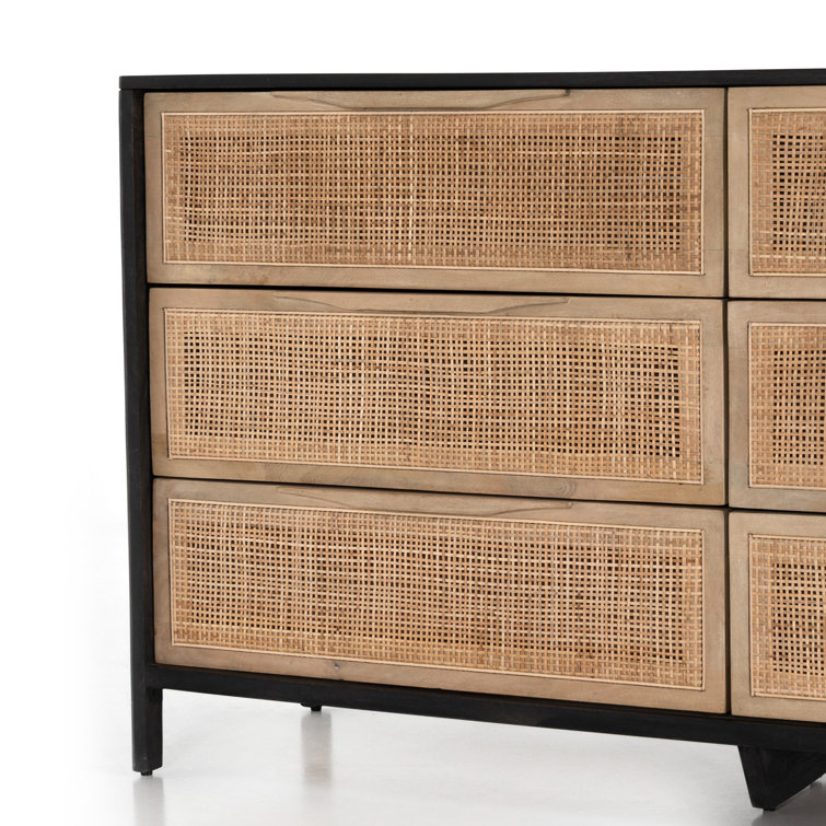 Black Wash Double Mid-Century 6-Drawer Dresser with Cane Detail
