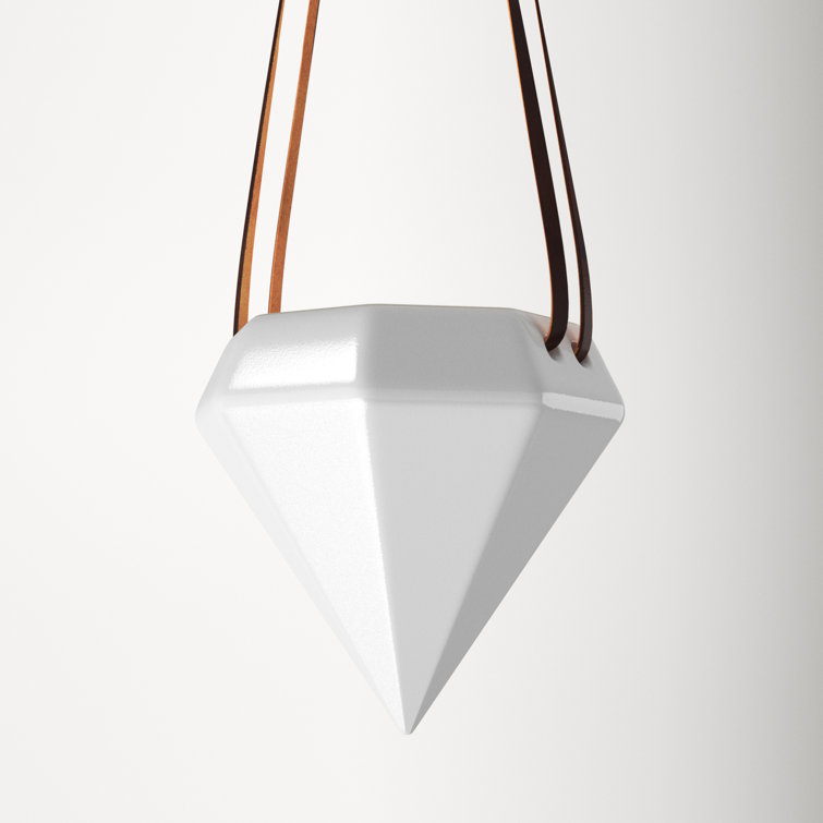 Gloss White Diamond Ceramic Hanging Planter with Leather Rope