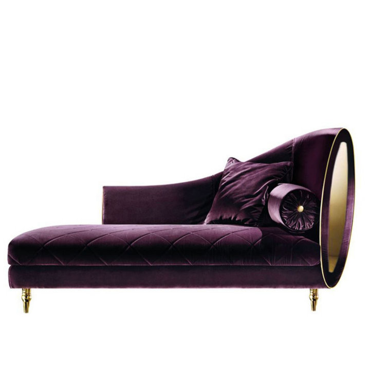 Luxurious Purple Velvet Chaise Lounge with Gold Metal Legs