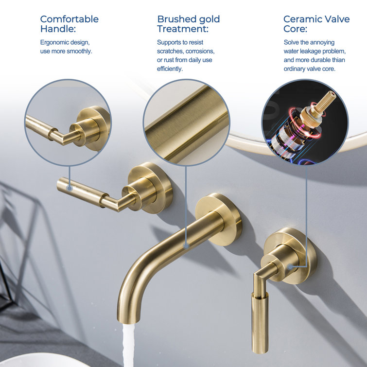 Brushed Gold Wall-Mounted Dual Handle Bathroom Faucet