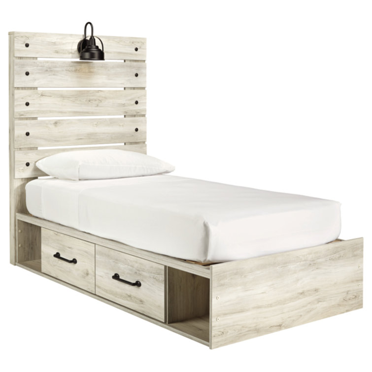 Whitewash Twin Storage Platform Bed with Headboard and Drawers