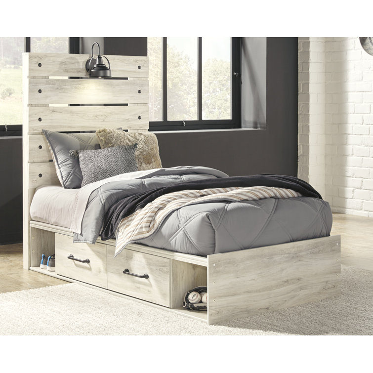 Whitewash Twin Storage Platform Bed with Headboard and Drawers