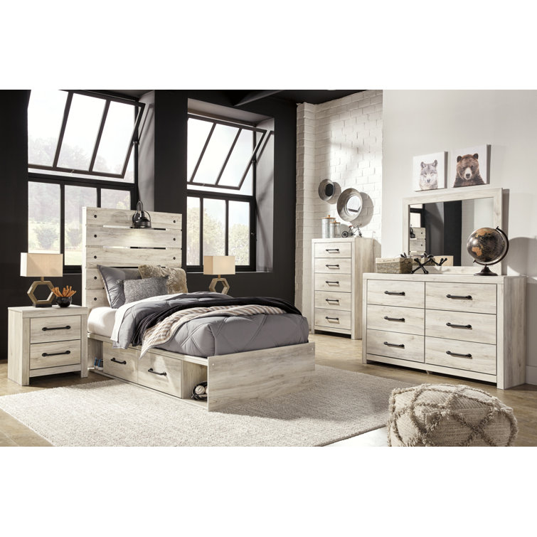 Whitewash Twin Storage Platform Bed with Headboard and Drawers