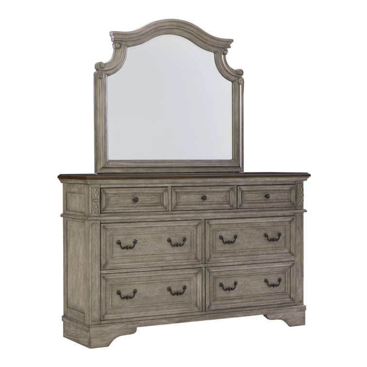 Antique Gray and Walnut 7-Drawer Dresser with Mirror